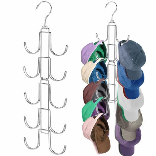 NAKBINX Hat Organizer for Closet, Collapsible Caps Rack with 10 Rotatable Large Hooks, Holds Up to 40 Baseball Caps, Metal Space Saving Hat Hanger for Display, Storage and Closet Organizers, Silver - Image 1