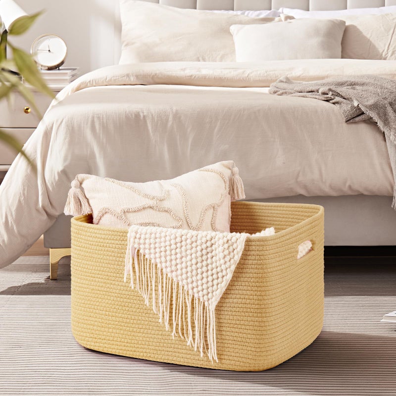 OIAHOMY 75L Large Blanket Basket, Woven Cotton Rope Baskets for Organizing 22â€x17â€x12â€, Blanket Basket living Room, Toy Storage Bins for Nursery, Yellow - Image 4
