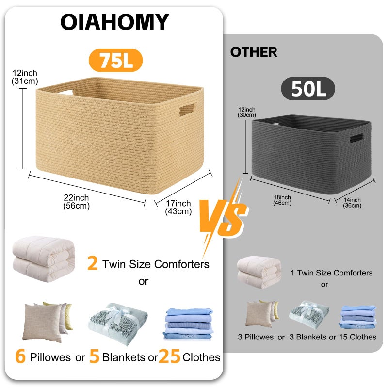 OIAHOMY 75L Large Blanket Basket, Woven Cotton Rope Baskets for Organizing 22â€x17â€x12â€, Blanket Basket living Room, Toy Storage Bins for Nursery, Yellow - Image 3