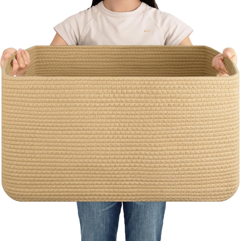 OIAHOMY 75L Large Blanket Basket, Woven Cotton Rope Baskets for Organizing 22â€x17â€x12â€, Blanket Basket living Room, Toy Storage Bins for Nursery, Yellow - Image 1