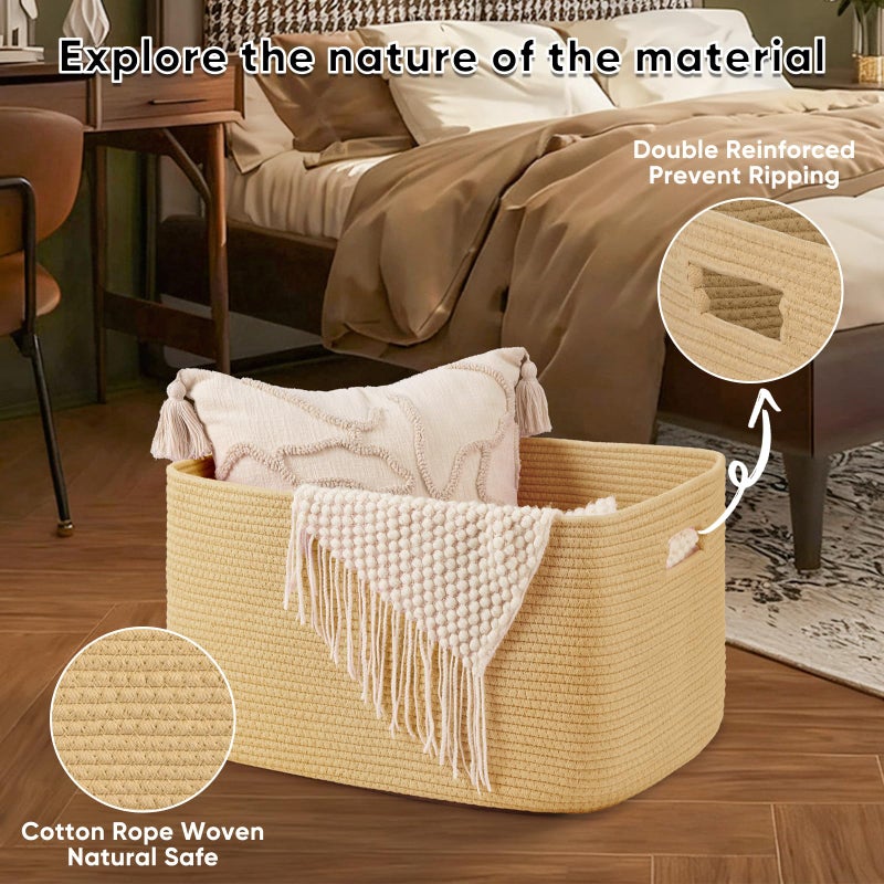 OIAHOMY 75L Large Blanket Basket, Woven Cotton Rope Baskets for Organizing 22â€x17â€x12â€, Blanket Basket living Room, Toy Storage Bins for Nursery, Yellow - Image 5
