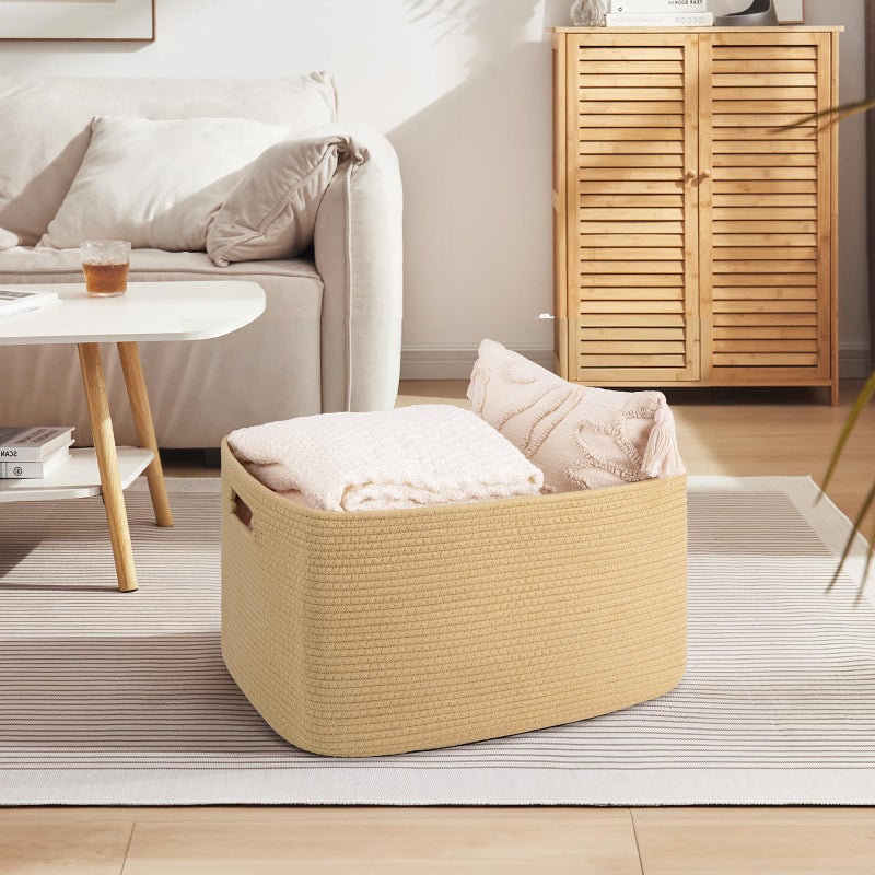 OIAHOMY 75L Large Blanket Basket, Woven Cotton Rope Baskets for Organizing 22â€x17â€x12â€, Blanket Basket living Room, Toy Storage Bins for Nursery, Yellow - Image 2