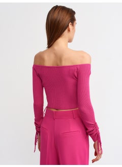 Dilvin 10192 Open Shoulder Drawstring Lace-Up Sweater-Fuchsia  - Image 2