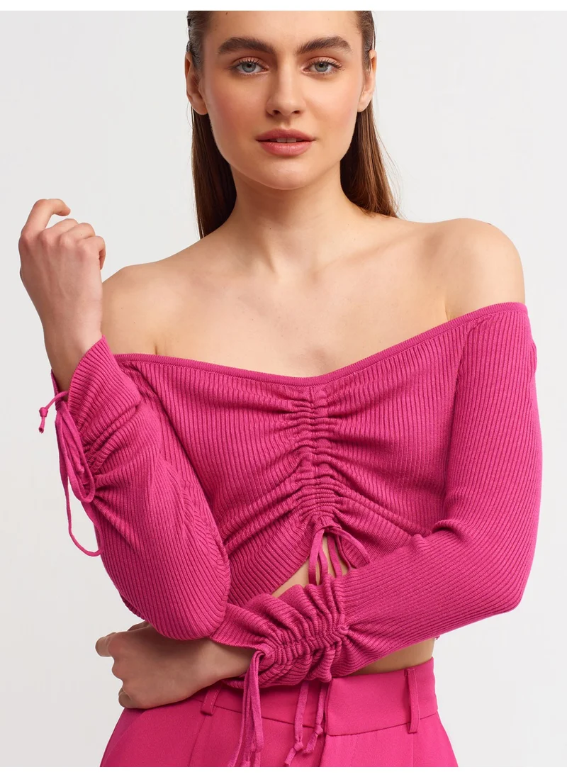 Dilvin 10192 Open Shoulder Drawstring Lace-Up Sweater-Fuchsia