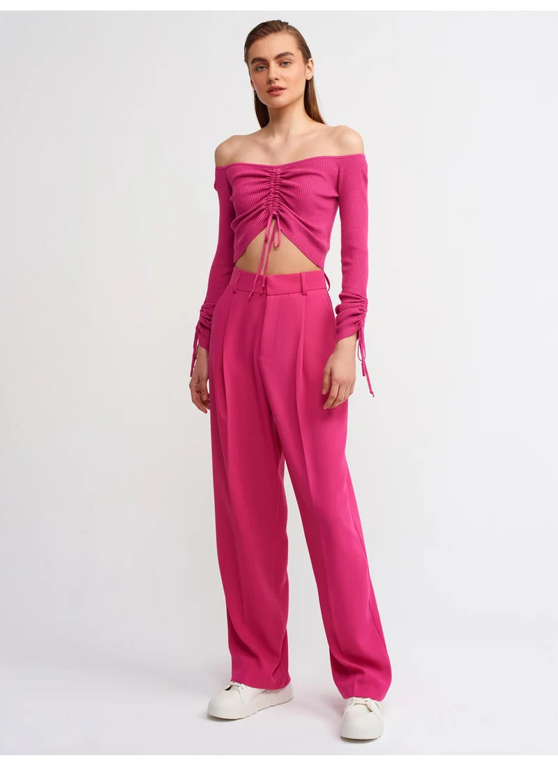 Dilvin 10192 Open Shoulder Drawstring Lace-Up Sweater-Fuchsia