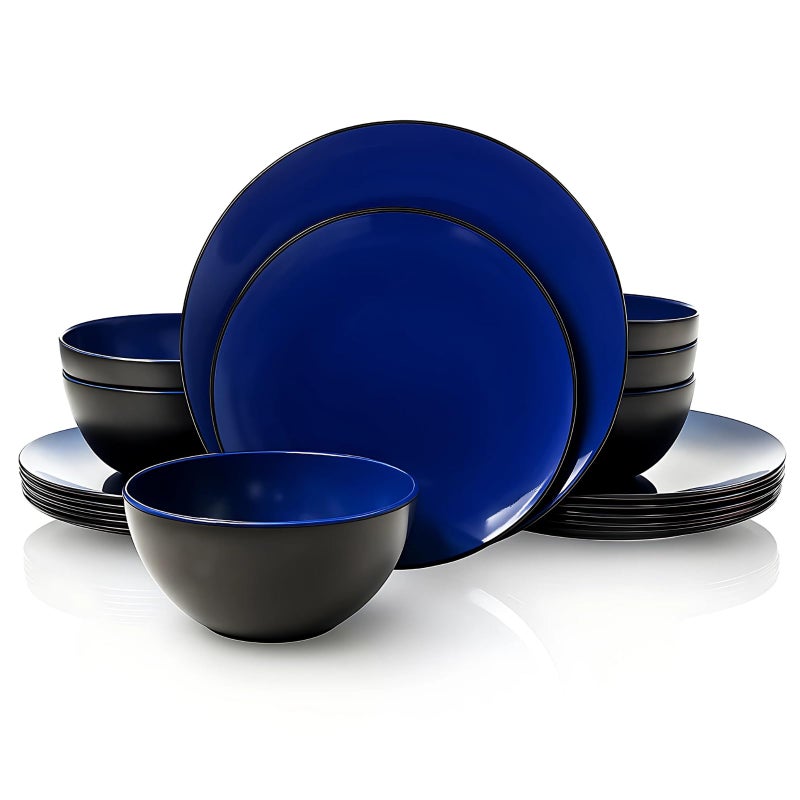 TP 18-Piece Dinnerware Set, Melamine Dishes Set with Bowls and Plates, Service for 6, Non-breakable Lightweight Dining Tableware, Blue and Black - Image 1
