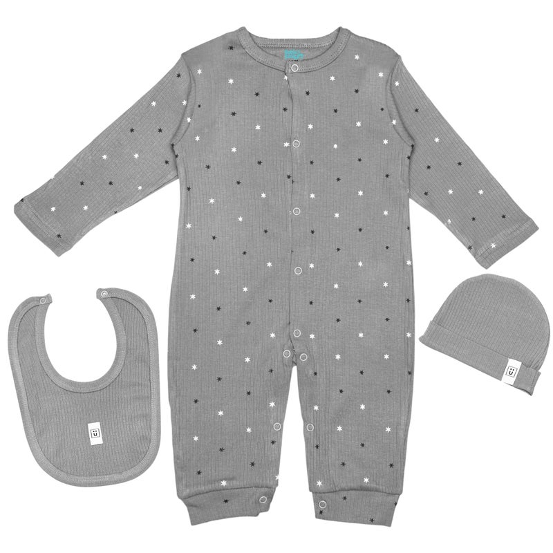 Babies Basic Ribbed Cotton Set with Sleepsuit/Romper, Cap and Bib - Image 1