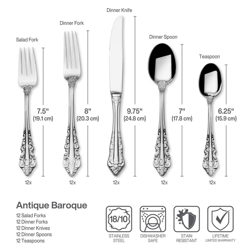 Wallace Antique Baroque 65-Piece 18/10 Stainless Steel Flatware Set, Service for 12, Silver - Image 2