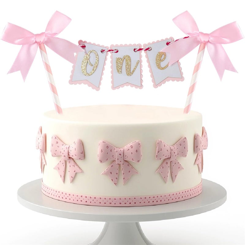 Haptda One Pink Bow Cake Topper Pink Bows Cake Decorations for 1st Girl Cake First Birthday Party Decoration - Image 1