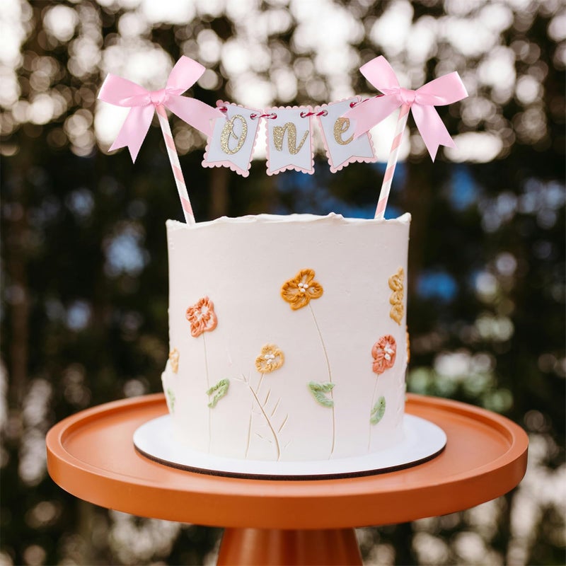 Haptda One Pink Bow Cake Topper Pink Bows Cake Decorations for 1st Girl Cake First Birthday Party Decoration - Image 2