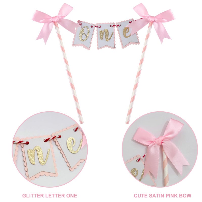 Haptda One Pink Bow Cake Topper Pink Bows Cake Decorations for 1st Girl Cake First Birthday Party Decoration - Image 4