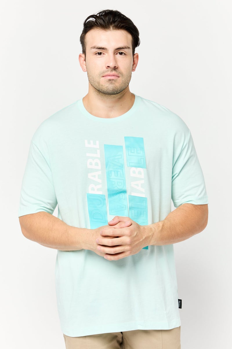 SELECTED Men Crew Neck Short Sleeve Graphic T Shirt, Turquoise - Image 1