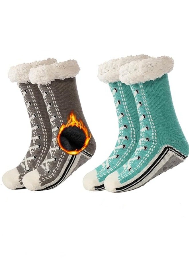 GGEROU Two Pairs of Ultra Thick Socks, Non Slip Fluffy Warm Winter Slipper Socks, Slipper Socks with Grips One Size - Image 1