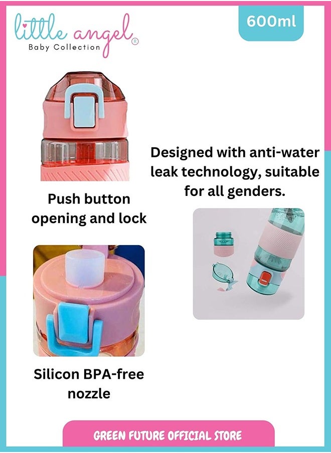 Little Angel Kids Water Bottle 600 ML - Leak-Proof With Flip-Top Lid, Portable And Durable Plastic Design for School, Sports, Indoor And Outdoor - Pink  - Image 4