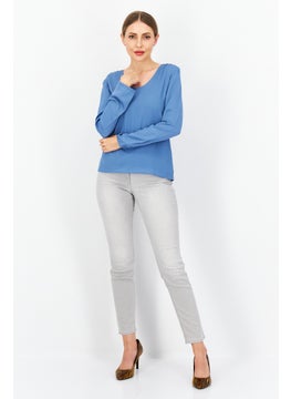 Zero Women U Neck Long Sleeves Plain Top, Blue  - Image 2