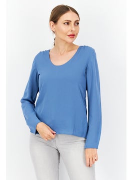 Zero Women U Neck Long Sleeves Plain Top, Blue  - Image 1