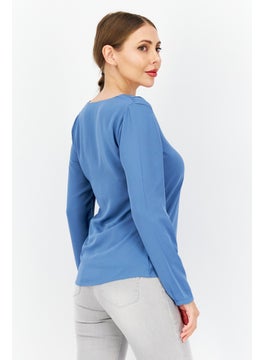 Zero Women U Neck Long Sleeves Plain Top, Blue  - Image 3