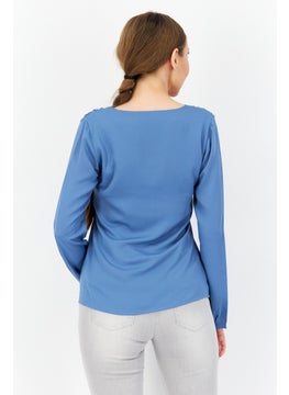 Zero Women U Neck Long Sleeves Plain Top, Blue  - Image 4