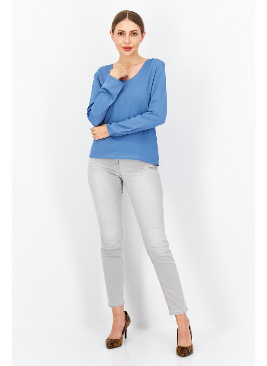 Zero Women U Neck Long Sleeves Plain Top, Blue  - Image 2