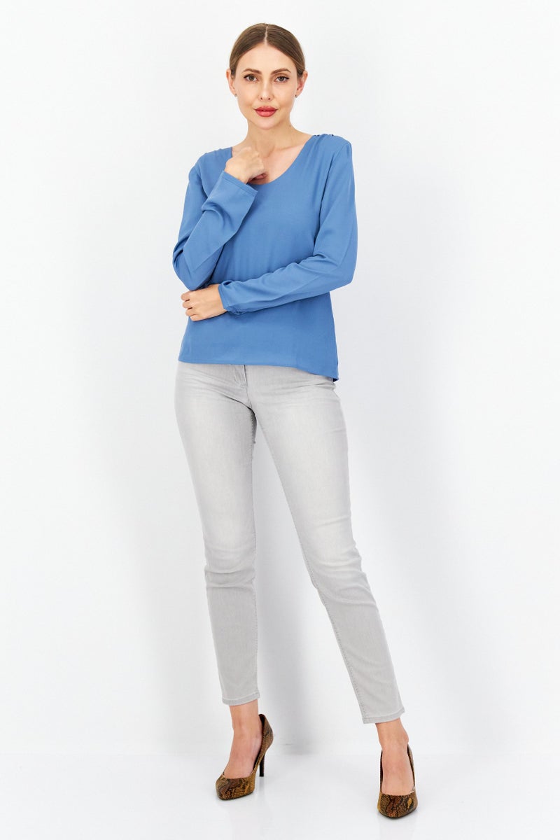 Zero Women U Neck Long Sleeves Plain Top, Blue - Image 2