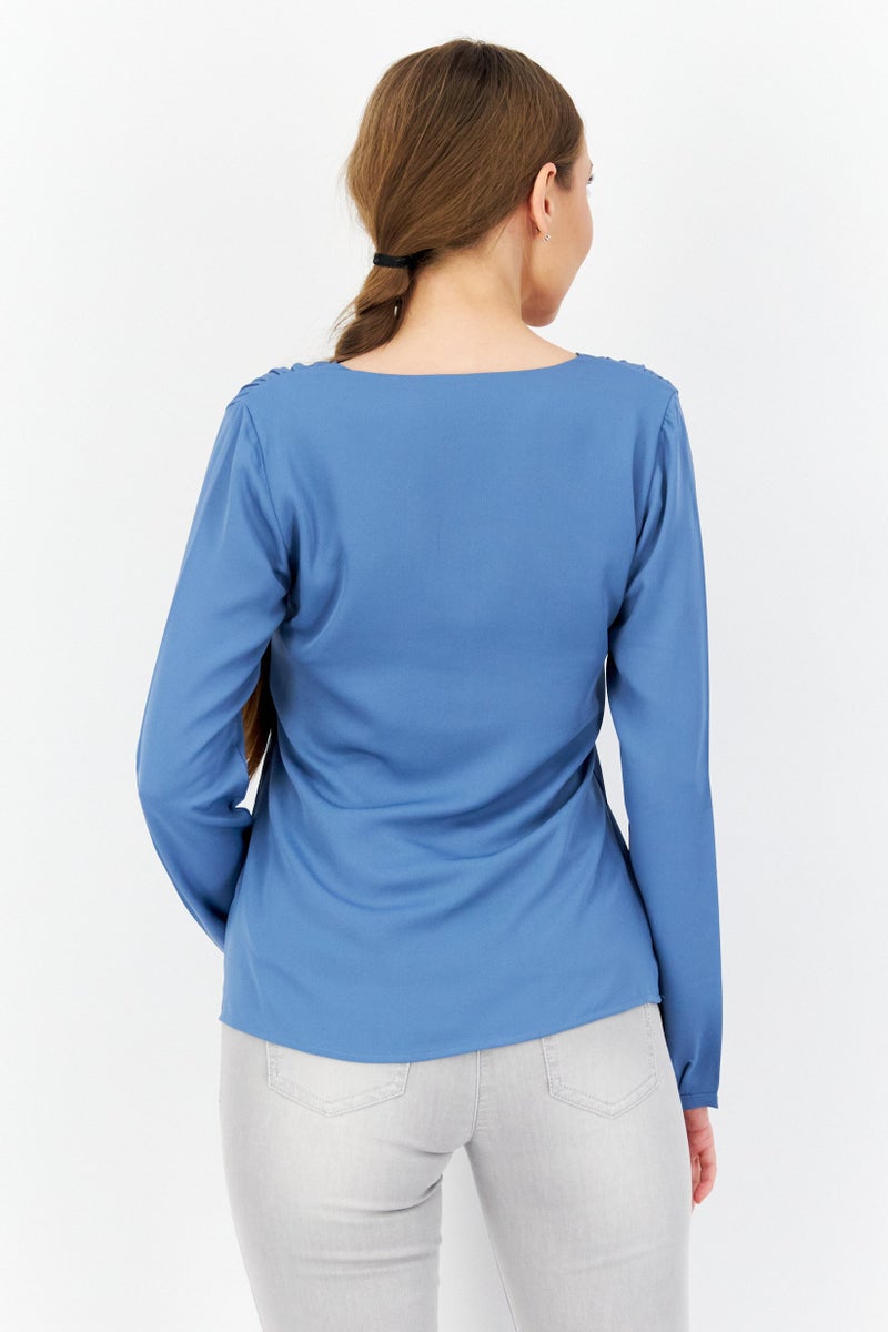 Zero Women U Neck Long Sleeves Plain Top, Blue - Image 2