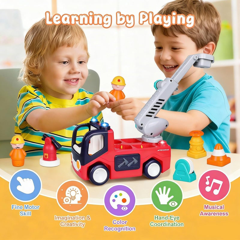Yunaking Fire Truck Toys for 2 Year Old Boys Girls Montessori Early Educational Learning Toy with Firefighting Tools Baby Push Cars for 2 3 Year Old Boy Birthday Gifts with Sound Lights Effect - Image 3