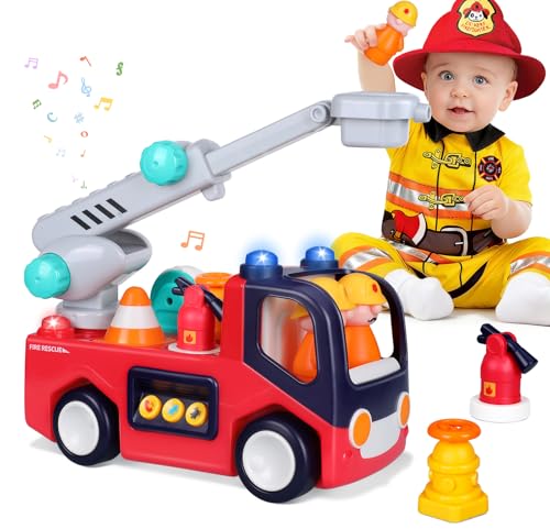 Yunaking Fire Truck Toys for 2 Year Old Boys Girls Montessori Early Educational Learning Toy with Firefighting Tools Baby Push Cars for 2 3 Year Old Boy Birthday Gifts with Sound Lights Effect - Image 1