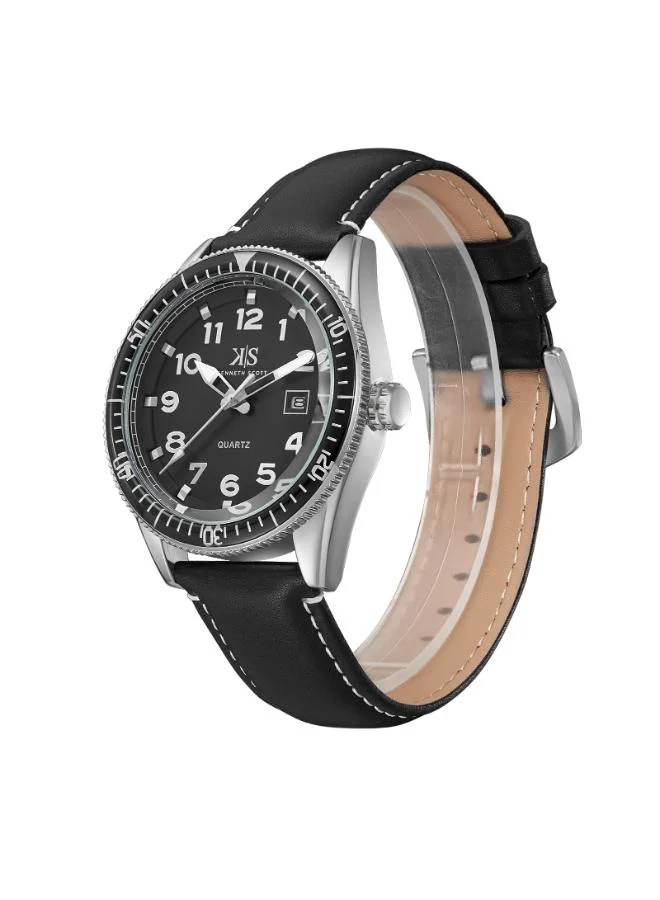 KENNETH SCOTT Men's Leather Analog Watch K23028-SLBB - 44x50 mm