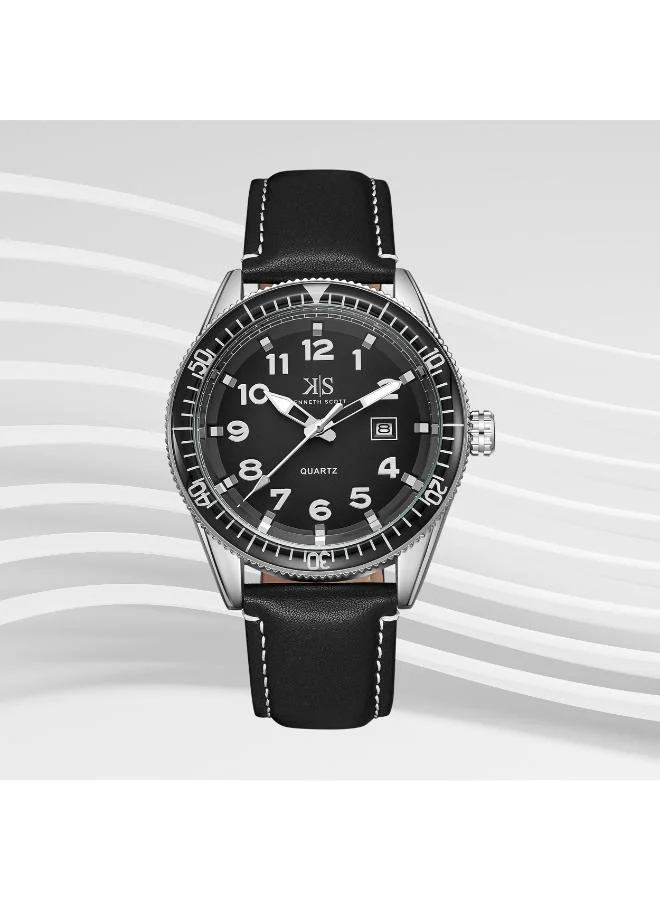 Kenneth Scott Black Men's Leather Analog Watch K23028-SLBB - 44x50 mm for Men | Best Price UAE