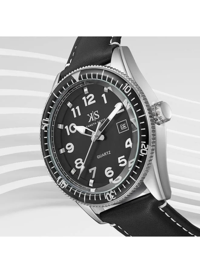 Kenneth Scott Black Men's Leather Analog Watch K23028-SLBB - 44x50 mm for Men | Best Price UAE