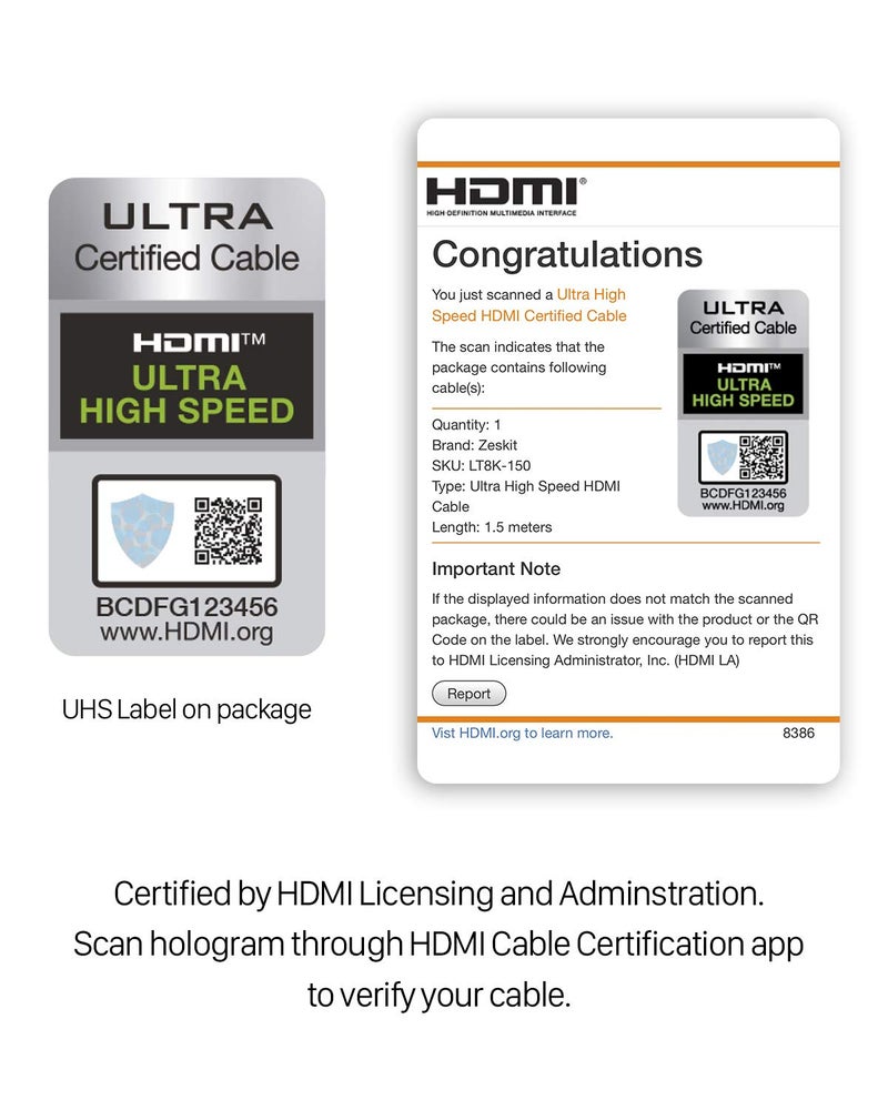 Zeskit Lite 48Gbps Slim Certified Ultra High Speed HDMI Cable 1.5ft, 4K120 8K60 144Hz eARC HDR HDCP 2.2 2.3 Compatible with Dolby Vision Apple TV 4K Roku Sony LG Samsung Xbox Series X RTX 3080 PS4 PS5 - Image 2