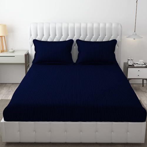 FRESH FROM LOOM Microfiber Wrinkle Resistant | Soft Skin Safe | Breathable Queen Size Flat Bedsheets | Hotel & Home | Double Bedsheet Set with 2 Pillow Covers (95x90 Inches Navy Blue) - Image 1