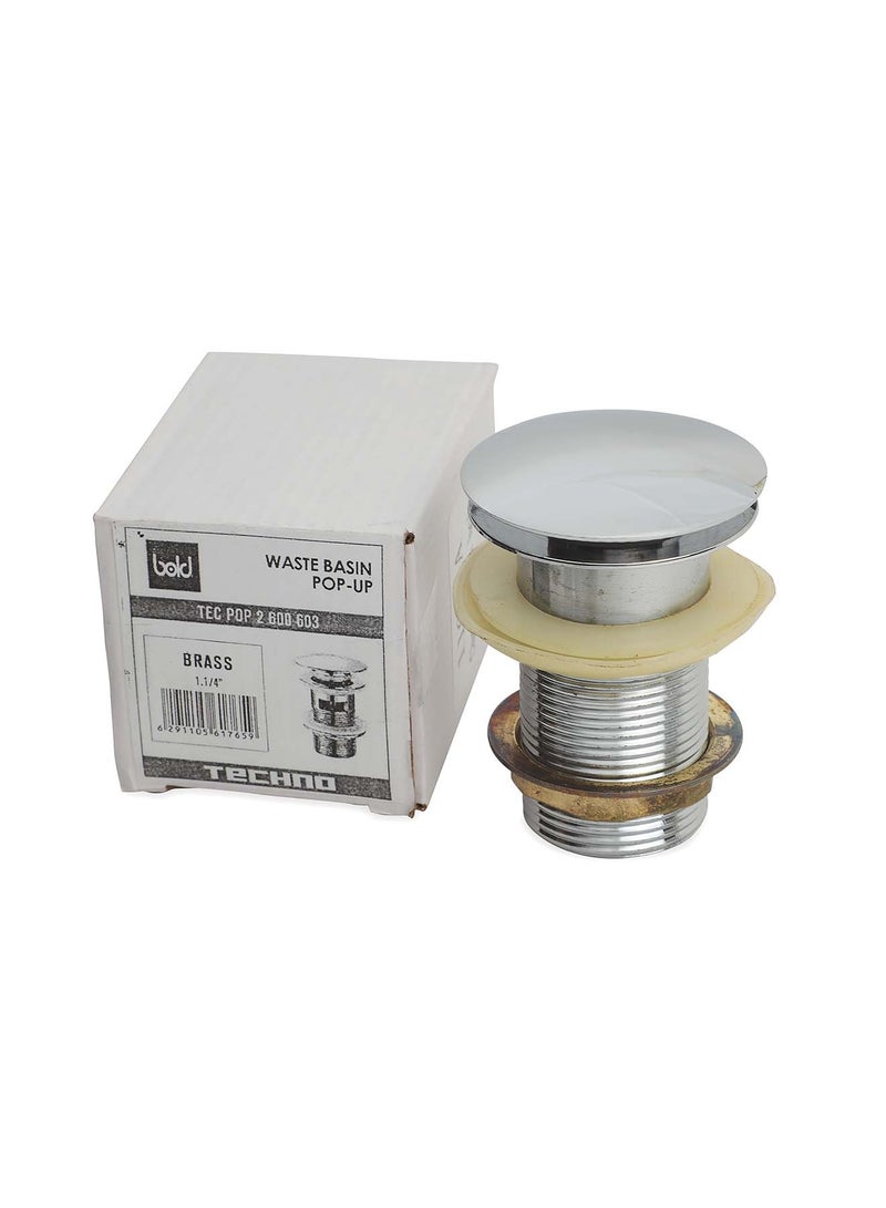 Bold Pop-Up Basin sink Waste – Slotted Design with Mushroom Cover – Premium Brass Construction with Chrome Plating for Durability and Easy Maintenance – Silver - Image 1