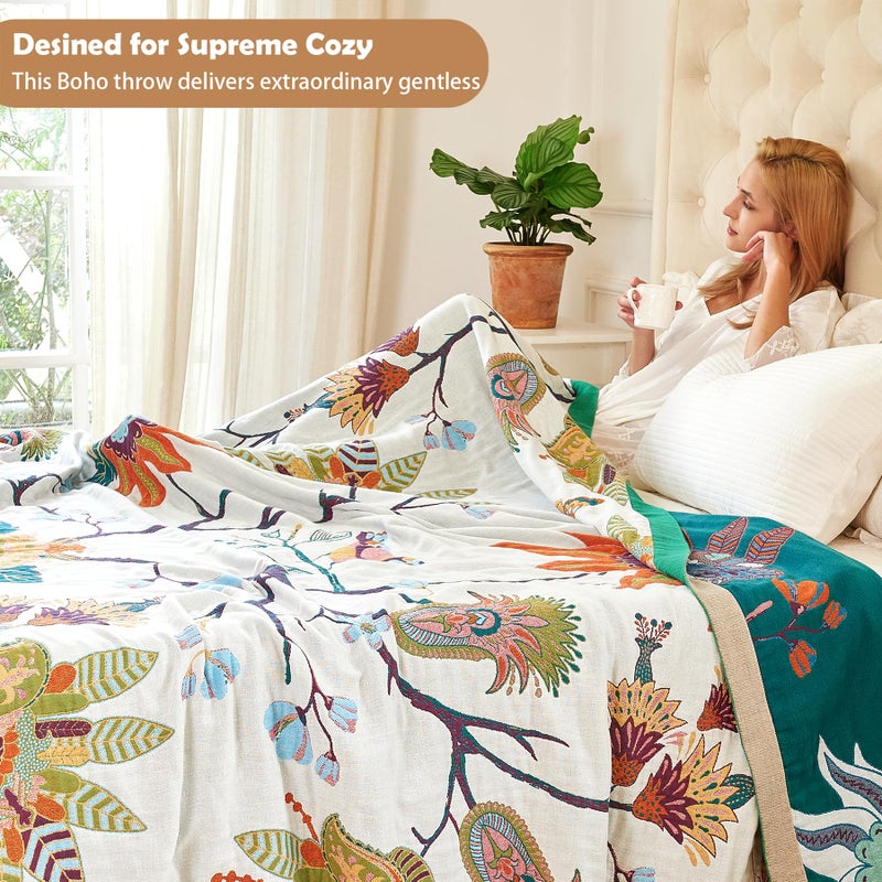 VANJOROY Boho Throw Blanket, 100% Organic Cotton Breathable Skin-Friendly Ultra Soft Bed Quilt Throw - All Season Floral Bird Farmhouse DÃ©cor Luxury Blanket for Sofa Couch Chair and Gift. 60" x 80" - Image 2