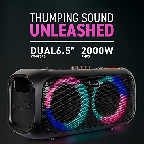 Dolphin Boombox Bluetooth Party Speaker- Portable Loud Speaker System with Dual 6.5" Woofers and 1" Tweeter, LED Light Effects, Wireless Outdoor Party Speaker with Deep Bass, Multi Input Audio System - Image 4