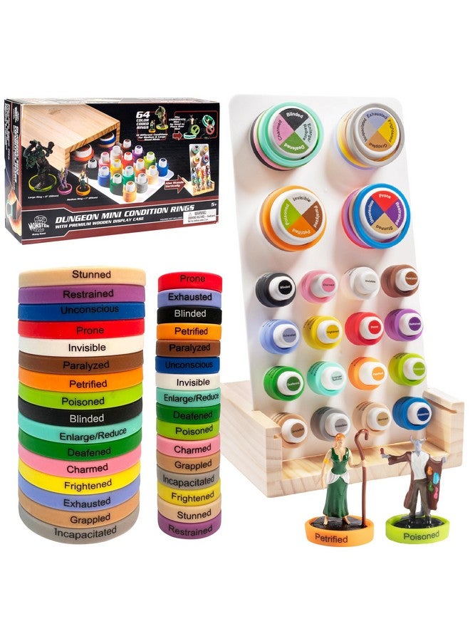 Monster Protectors Deluxe Condition Rings w Wooden Case (64 Rings for Standard & Large) - 16 Conditions, DND Flexible Design- Easy Affix Base Slides Under Figure- Works with Dungeons Dragons, Pathfinder & All RPG Games  - Image 1