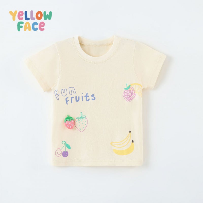 تيشيرت قصير الأكمام للبنات صيف 2026، موضة أوروبية وأمريكية، طباعة فراولة ثلاثية الأبعاد للأطفال، رقبة مدورة - Image 2