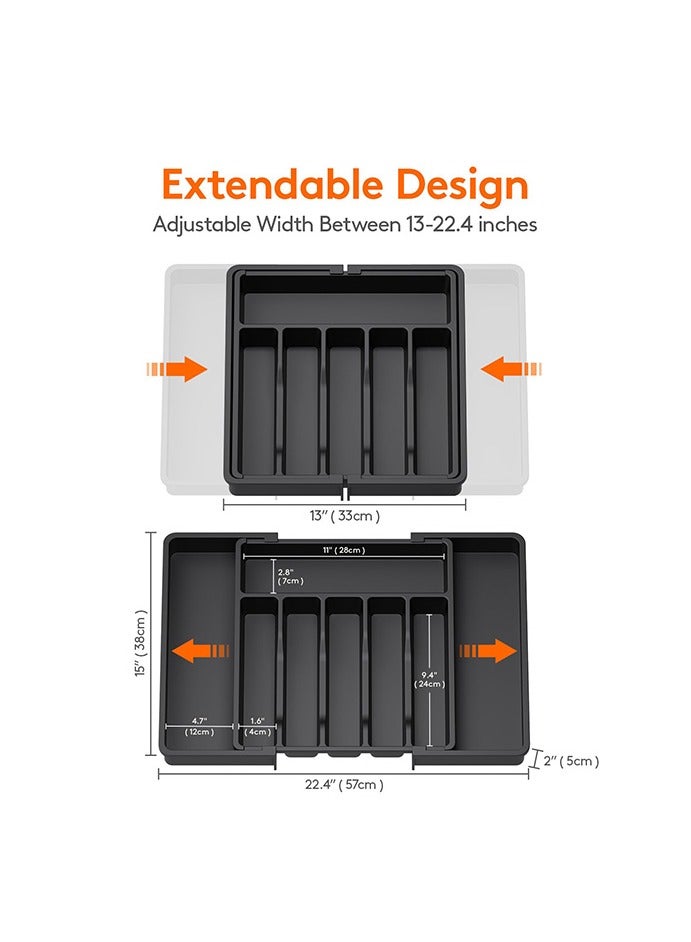هاهاهاي 2 قطعة منظم أدراج لأدوات المائدة لأدوات المطبخ، صينية أدوات مطبخ كبيرة قابلة للتوسيع للمطبخ، حامل أدوات مائدة وأدوات مائدة قابل للتعديل، تخزين بلاستيكي مدمج للملاعق والشوك والسكاكين (أسود) - Image 3