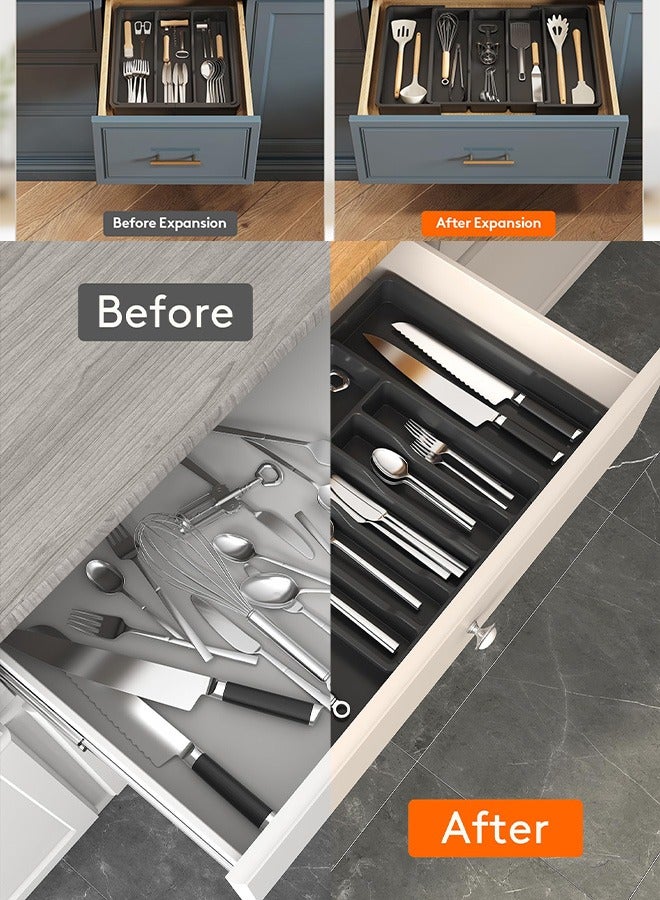 هاهاهاي 2 قطعة منظم أدراج لأدوات المائدة لأدوات المطبخ، صينية أدوات مطبخ كبيرة قابلة للتوسيع للمطبخ، حامل أدوات مائدة وأدوات مائدة قابل للتعديل، تخزين بلاستيكي مدمج للملاعق والشوك والسكاكين (أسود) - Image 5