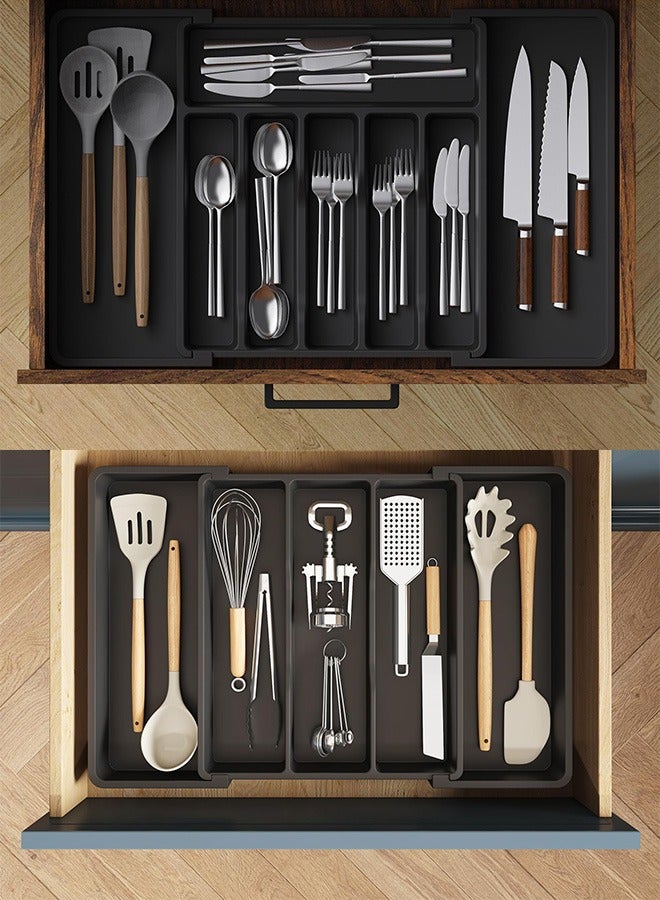 هاهاهاي 2 قطعة منظم أدراج لأدوات المائدة لأدوات المطبخ، صينية أدوات مطبخ كبيرة قابلة للتوسيع للمطبخ، حامل أدوات مائدة وأدوات مائدة قابل للتعديل، تخزين بلاستيكي مدمج للملاعق والشوك والسكاكين (أسود) - Image 2