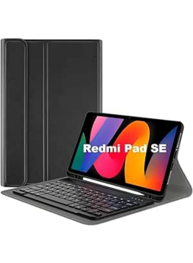 Keyboard Case  For Redmi Pad SE 11 inch 2023, Slim PU Cover with Magnetically Detachable Wireless Bluetooth Keyboard aPencil Holder Slot Designed For Redmi Pad SE 2023, Black - Image 1