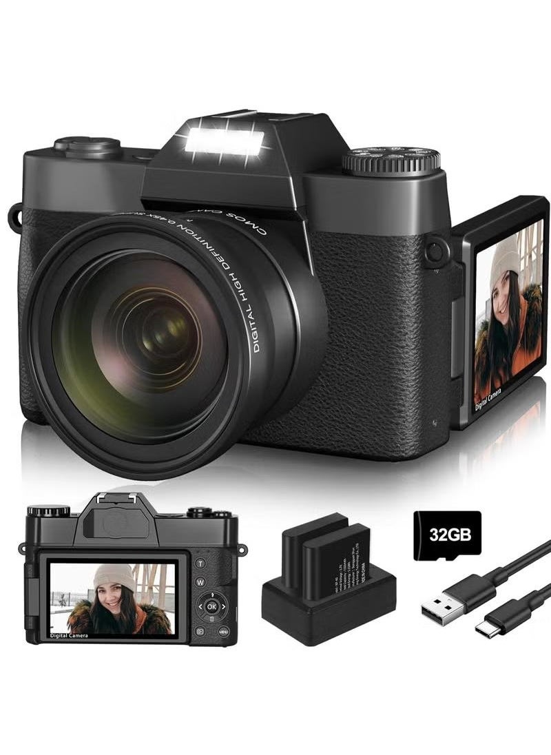 Generic Digital Camera, 4K Vlogging Camera,  48MP 16X Digital Zoom Manual Focus Students Compact Photography Camera with 3Inch IPS Screen, Wide-Angle & Macro Lens, 32G TF Card and 2 Batteries (Black)  - Image 1