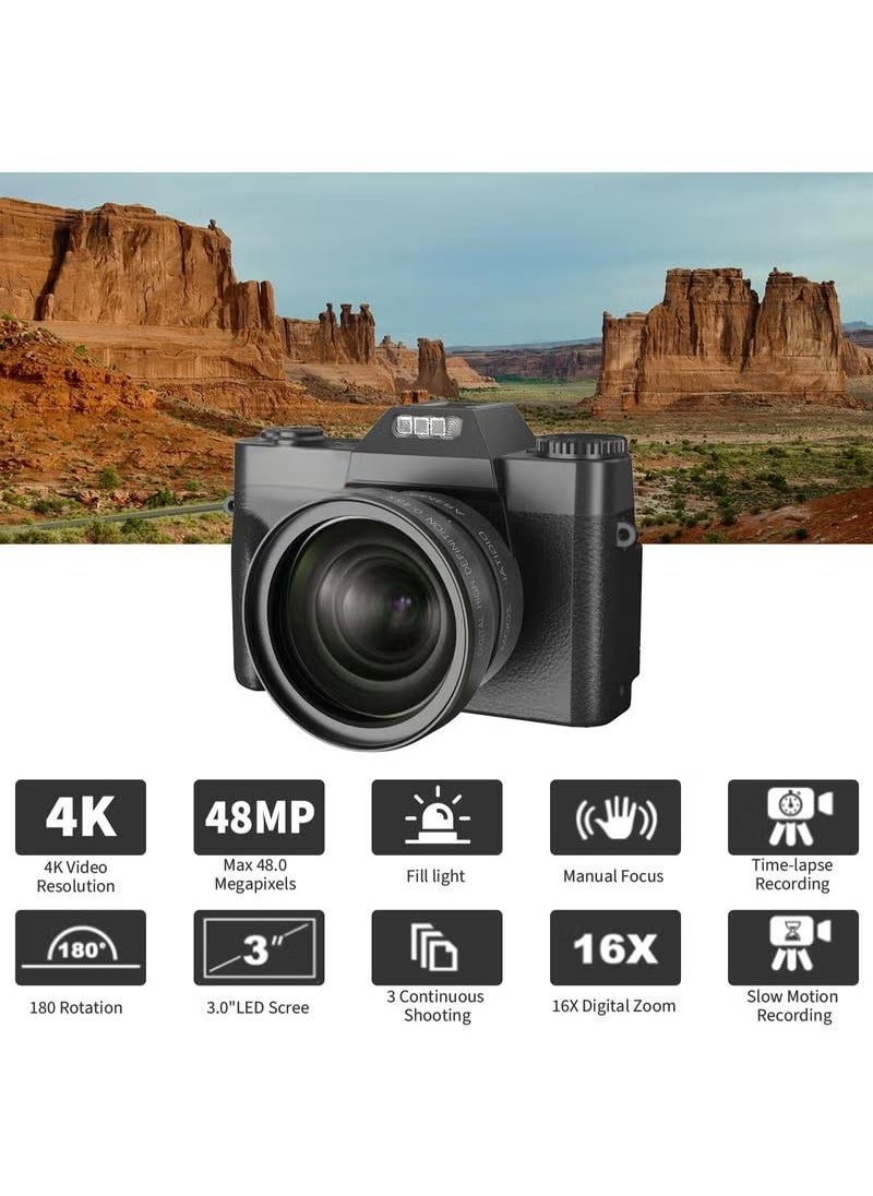 Generic Digital Camera, 4K Vlogging Camera,  48MP 16X Digital Zoom Manual Focus Students Compact Photography Camera with 3Inch IPS Screen, Wide-Angle & Macro Lens, 32G TF Card and 2 Batteries (Black)  - Image 5