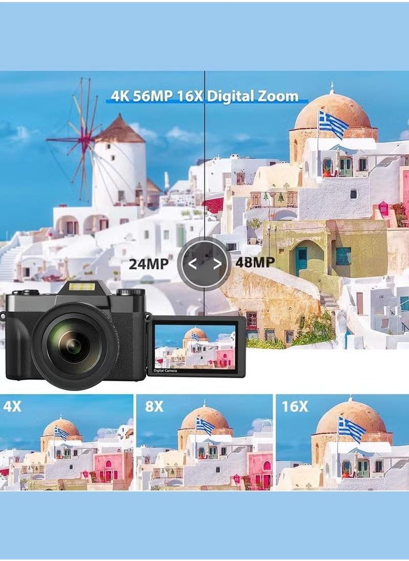 Generic Digital Camera, 4K Vlogging Camera,  48MP 16X Digital Zoom Manual Focus Students Compact Photography Camera with 3Inch IPS Screen, Wide-Angle & Macro Lens, 32G TF Card and 2 Batteries (Black)  - Image 4