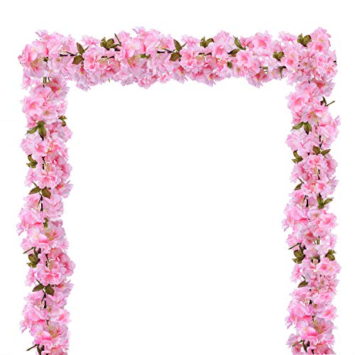 DearHouse 2 Pack Artificial Cherry Blossom Garland Hanging Vine Faux Cherry Blossom Flowers Garland for Home Garden Wedding Party Decor,Pink- 72Inches - Image 1