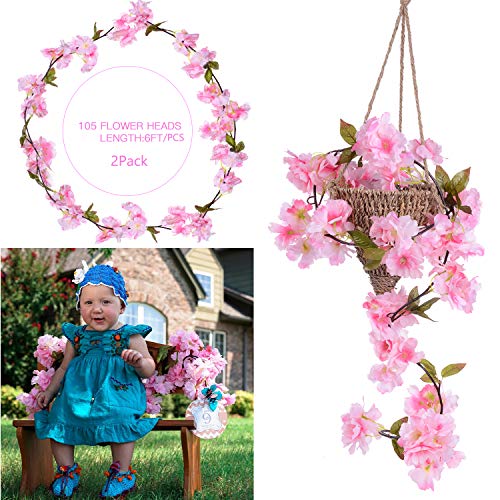 DearHouse 2 Pack Artificial Cherry Blossom Garland Hanging Vine Faux Cherry Blossom Flowers Garland for Home Garden Wedding Party Decor,Pink- 72Inches - Image 4