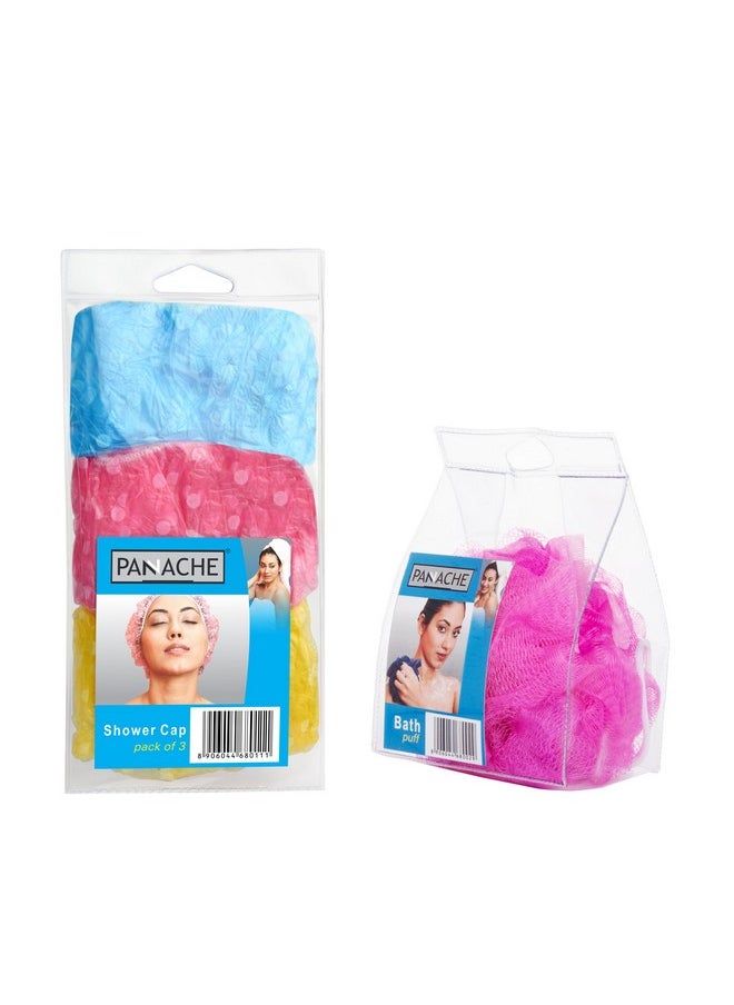 Panache Bath Puff Loofah And Shower Cap Combo Pack Reusable & Waterproof  - Image 1