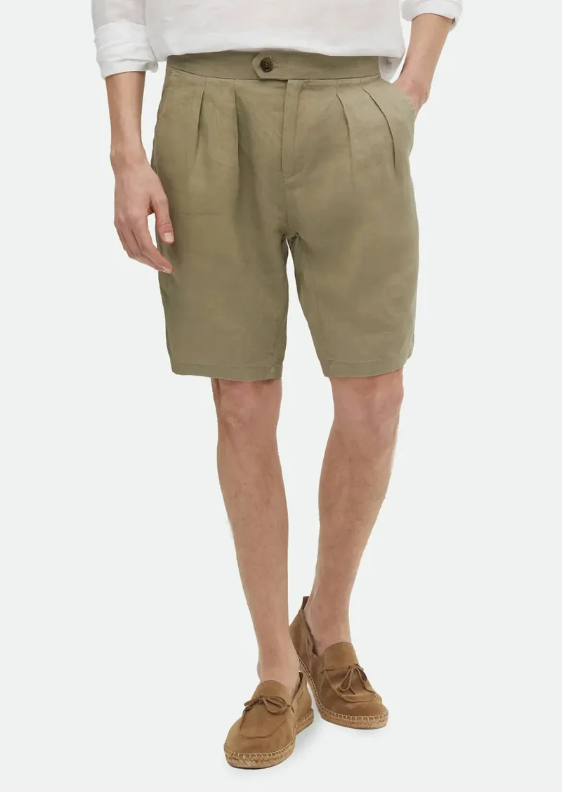 رامسي شورت برمودا أخضر فاتح بنقشة جزر، بقصة كاجوال، مصنوع من الكتان 100%