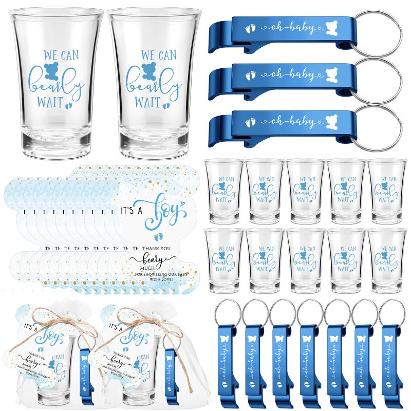 Blushtier 25 Sets Baby Shower Party Favor Shot Glasses Cute Bottle Opener Keychains Thank You Tags and Bags Baby Shower Favors Gender Reveal Party Guests Return Gift (Blue,Bear Boy) - Image 1