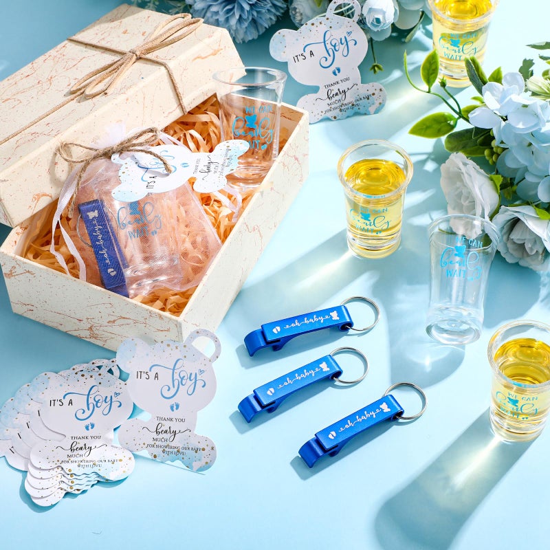 Blushtier 25 Sets Baby Shower Party Favor Shot Glasses Cute Bottle Opener Keychains Thank You Tags and Bags Baby Shower Favors Gender Reveal Party Guests Return Gift (Blue,Bear Boy) - Image 5